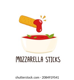 Mozzarella sticks vector. Mozzarella sticks on white background. Cheese stretch. Ketchup in white dip bowls. Tomato sauce.