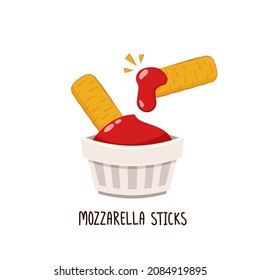 Mozzarella sticks vector. Mozzarella sticks on white background. Cheese stretch. Ketchup in white dip bowls. Tomato sauce.