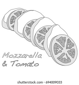 Mozzarella and tomato sliced illustration set.