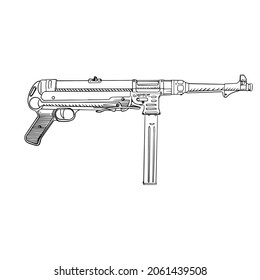 Mp 40 machine Gun illustration,  hand drawing illustration in black color isolated on white background, ink ,vector