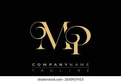 MP Abstraktes kreatives Schmucklogo. Ein stylisches Logo mit goldenen Monogramm-Initialen in einer eleganten und modernen Typografie, perfekt für das Branding
