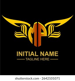 MP Golden Wing Emblem Logo with elegant gold wings, sleek and modern design. Ideal for branding, creative projects, luxury businesses, or artistic ventures.
