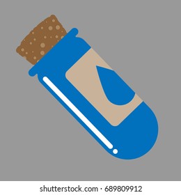 MP icon. Jar with a blue liquid  in a flat style. Tube is closed with a stopper. Game icon of a potion with manna. Vector illustration medical test tube.