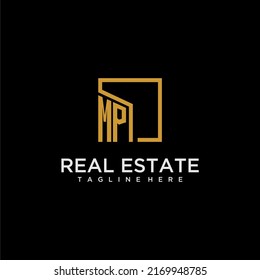 MP initial monogram logo for real estate design with creative square image