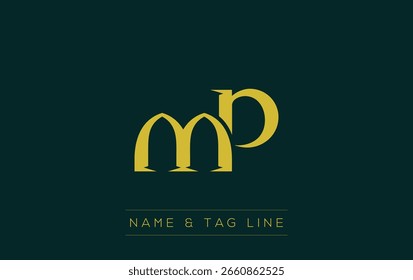 MP logo design. A sophisticated, minimalistic logo design featuring golden stylized typography, perfect for branding concepts emphasizing luxury, professionalism, and contemporary aesthetics.