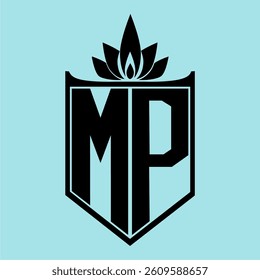 MP Logo featuring a minimalist design with a crown-like flower symbol on top, bold black elements, and a soft blue background, perfect for branding and modern visual identity.