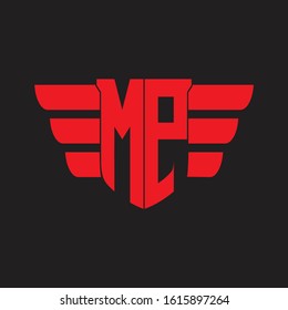 MP Logo monogram with emblem and wings element design template on red colors