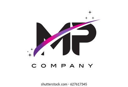 MP M P Black Letter Logo Design with Purple Magenta Swoosh and Stars.