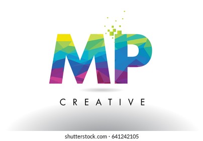 MP M P Colorful Letter Design with Creative Origami Triangles Rainbow Vector.