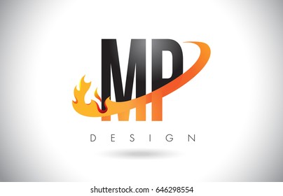 MP M P Letter Logo Design with Fire Flames and Orange Swoosh Vector Illustration.