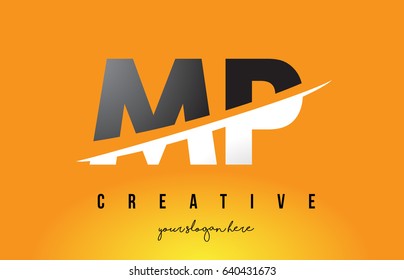 MP M P Letter Modern Logo Design with Swoosh Cutting the Middle Letters and Yellow Background.