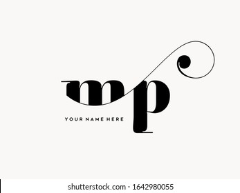 MP monogram logo.Elegant style typographic icon.Lettering sign.Alphabet initials isolated on light background.Lowercase luxury letter m and letter p.Beauty characters with swirl.