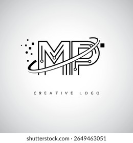 MP Orbit Monogram Logo - Futuristic Minimal Letter mark with Circular Line Art, Tech-Inspired Dots and Space Motion Concept for Modern Branding Identity (Logotipo de Monograma de Órbita MP - Marca de Letra Mínima Futurista com Linha de Arte Circular, Pontos Inspirados na Tecnologia e Conceito de Movimento Espacial para Identidade de Marca Moderna)