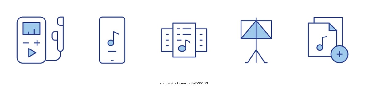 mp player, music app, music files, music stand, add. Music Icon vector illustration. Line Duotone style. Editable stroke.