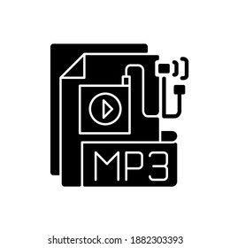MP3 Audio file black glyph icon. File extension. Downloading song. Storing music. Lecture, audiobook, podcast. Compressed audio format. Silhouette symbol on white space. Vector isolated illustration