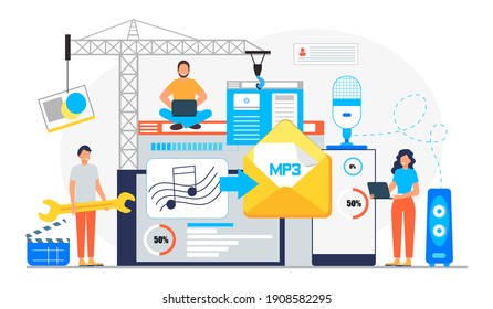 MP3 converter concept with tiny people. Screen with changing or converting process of document to another format. Audio compression. Flat vector illustration for app, website, banner, landing