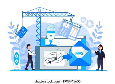 MP3 converter concept with tiny people. Screen with changing or converting process of document to another format. Audio compression. Flat vector illustration for app, website, banner, landing