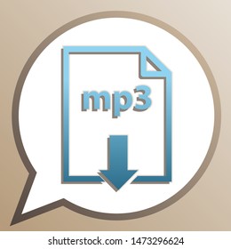 Mp3 download sign. Bright cerulean icon in white speech balloon at pale taupe background. Illustration.