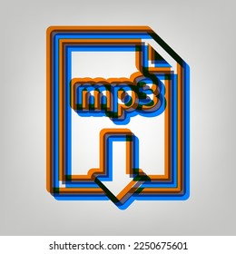 Mp3 download sign. Stroked Icon in orange, azure and old lavender Colors at gray Background. Illustration.