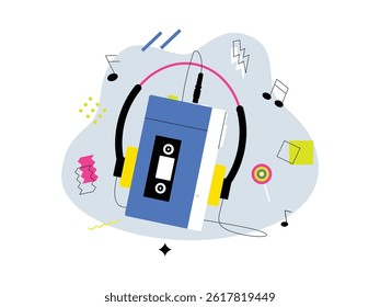 Mp3 equipped with 90s era headset with vintage elements background, vector illustration.
