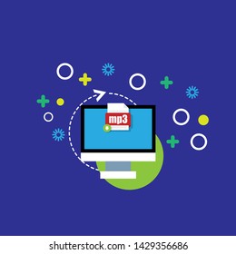 mp3 file - download concept file icon on pc screen. Download mp3 button on laptop screen.Downloading mp3 document concept.