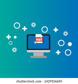 mp3 file - download concept. file icon on pc screen. Download mp3 button on laptop screen.Downloading mp3 document concept.