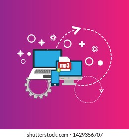 mp3 file - download concept.file icon on pc screen. Download mp3 button on laptop screen.Downloading mp3 document concept.