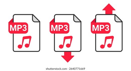 MP3 File Download and Upload Icon Set with Red Arrow Symbol on Transparent Background for Audio Transfer, Music Sharing and Sound File Exchange Vector Illustration