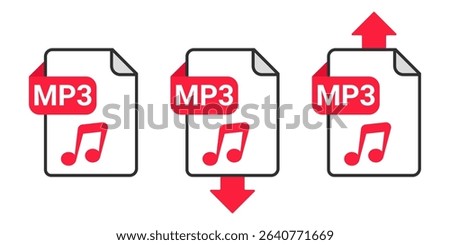 MP3 File Download and Upload Icon Set with Red Arrow Symbol on Transparent Background for Audio Transfer, Music Sharing and Sound File Exchange Vector Illustration