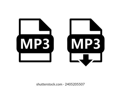 MP3-Datei-Format schwarzes Symbol, Download mp3-Datei-Zeichen mit Pfeil, Satz zwei Vektorsymbole