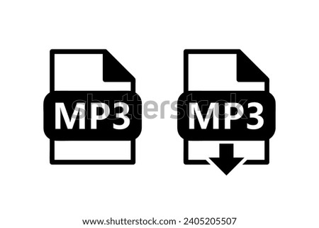 MP3 file format black icon, download mp3 file sign with arrow, set of two vector symbols