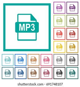 MP3 file format flat color icons with quadrant frames on white background