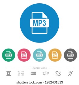 MP3 file format flat white icons on round color backgrounds. 6 bonus icons included.