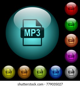 MP3 file format icons in color illuminated spherical glass buttons on black background. Can be used to black or dark templates