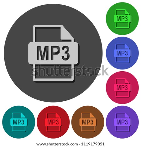 MP3 file format icons with shadows on color round backgrounds for material design