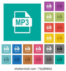 MP3 file format multi colored flat icons on plain square backgrounds. Included white and darker icon variations for hover or active effects.