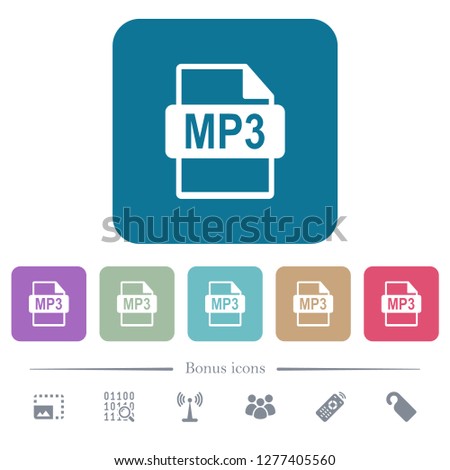 MP3 file format white flat icons on color rounded square backgrounds. 6 bonus icons included