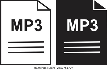 MP3 file icon set. MP3 file type symbol. File MP3 format icon in black filled and outlined style isolated on transparent background. Ideal for technology or data related content, vector illustration.