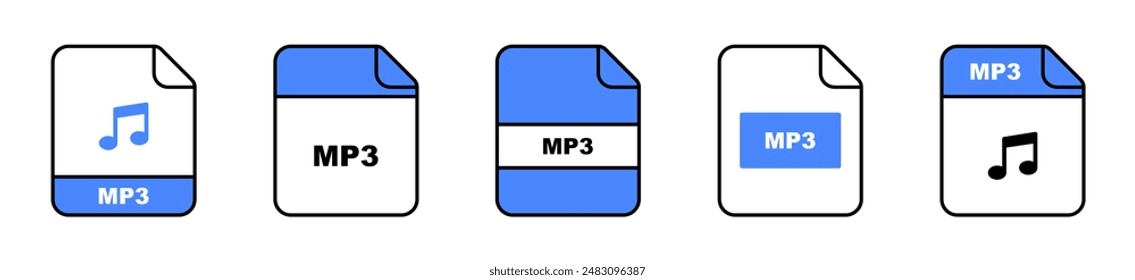 MP3 file icons set. MP3 file format. Music file icon. Document icons. Vector illustration.