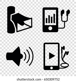 Mp3 icons set. set of 4 mp3 filled icons such as volume, mp3 player