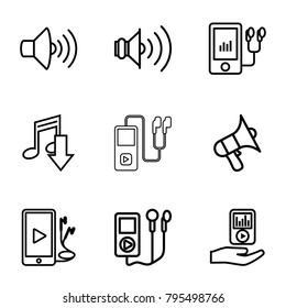 Mp3 icons. set of 9 editable outline mp3 icons such as eating mouth, volume