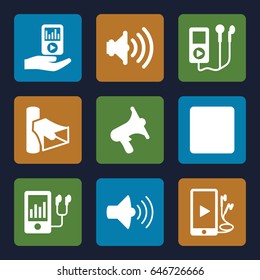 Mp3 icons set. set of 9 mp3 filled icons such as volume, stop