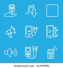 Mp3 icons set. set of 9 mp3 outline icons such as volume, stop, phone and earphones