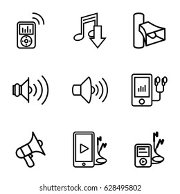 Mp3 icons set. set of 9 mp3 outline icons such as volume, mp3 player, phone and earphones