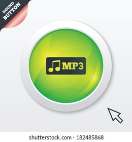 Mp3 music format sign icon. Musical symbol. Green shiny button. Modern UI website button with mouse cursor pointer. Vector