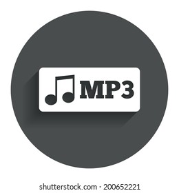 Mp3 music format sign icon. Musical symbol. Circle flat button with shadow. Modern UI website navigation. Vector
