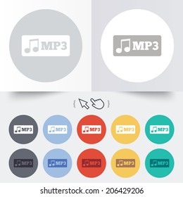 Mp3 music format sign icon. Musical symbol. Round 12 circle buttons. Shadow. Hand cursor pointer. Vector