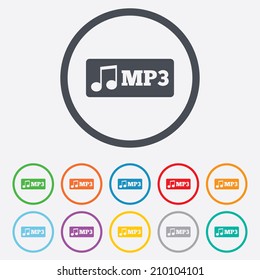 Mp3 music format sign icon. Musical symbol. Round circle buttons with frame. Vector