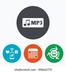Mp3 music format sign icon. Musical symbol. Mobile payments, calendar and wifi icons. Bus shuttle.