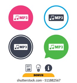 Mp3 music format sign icon. Musical symbol. Report document, information sign and light bulb icons. Vector